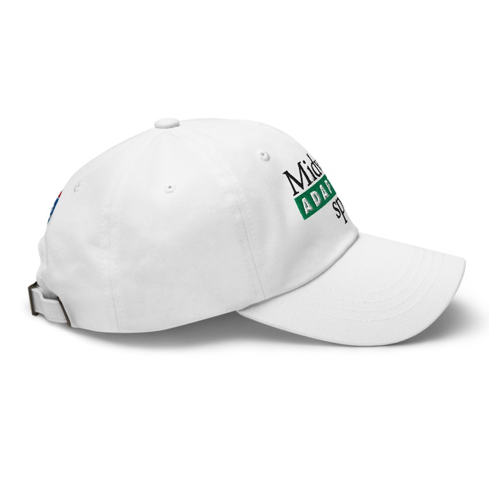 Right angle of the Midwest Adaptive Sports Logo White Dad Hat against a white background
