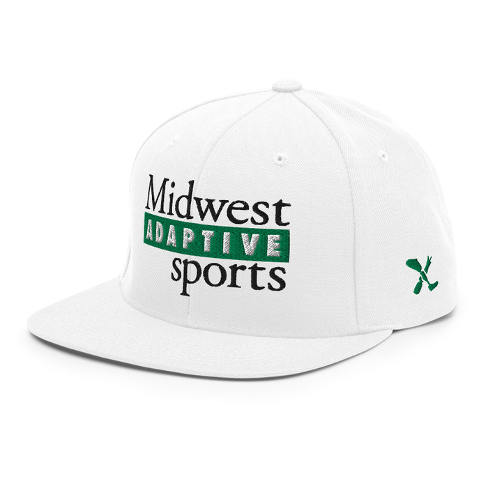 Front left angle of the Midwest Adaptive Sports Logo White Flat Bill Snapback against a white background