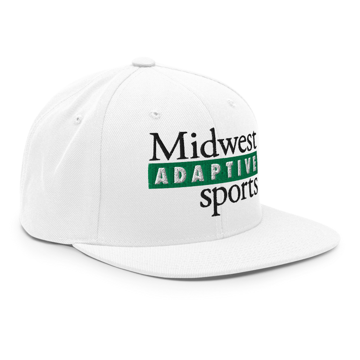 Front right angle of the Midwest Adaptive Sports Logo White Flat Bill Snapback against a white background