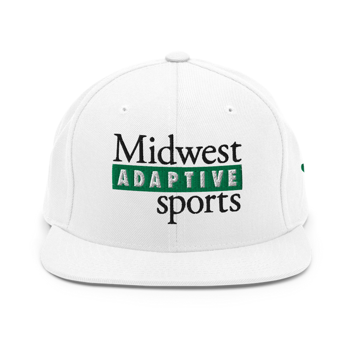 Front angle of the Midwest Adaptive Sports Logo White Flat Bill Snapback against a white background