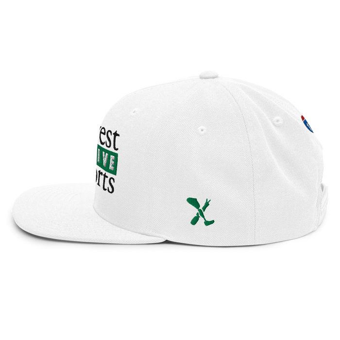 Left angle of the Midwest Adaptive Sports Logo White Flat Bill Snapback against a white background
