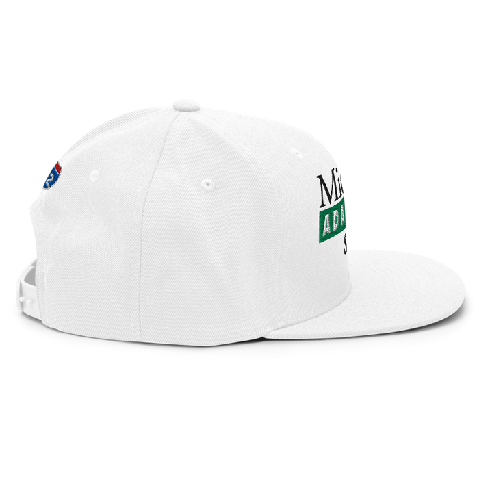 Right angle of the Midwest Adaptive Sports Logo White Flat Bill Snapback against a white background