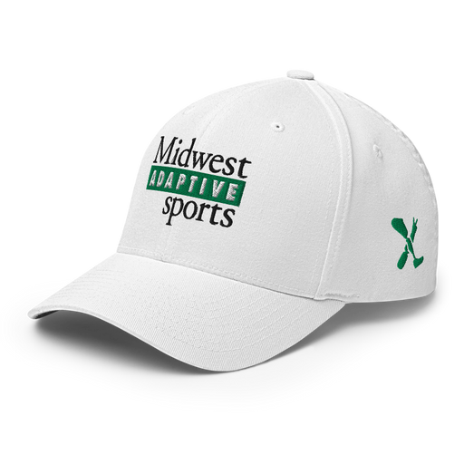Front left angle of the Midwest Adaptive Sports Logo White Flexfit Curved Bill Fitted against a white background