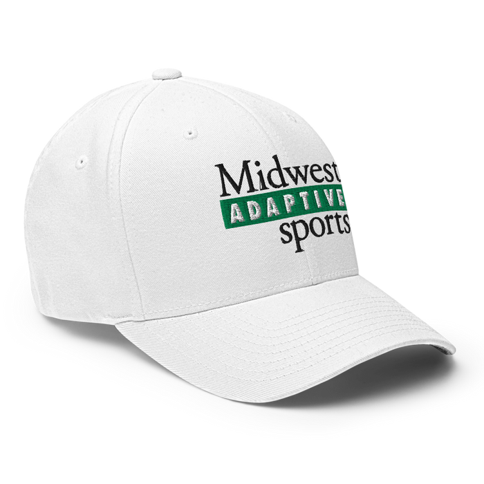 Front right angle of the Midwest Adaptive Sports Logo White Flexfit Curved Bill Fitted against a white background