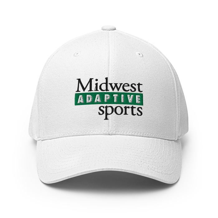 Front angle of the Midwest Adaptive Sports Logo White Flexfit Curved Bill Fitted against a white background