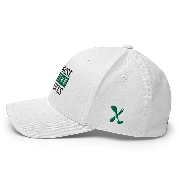 Left angle of the Midwest Adaptive Sports Logo White Flexfit Curved Bill Fitted against a white background