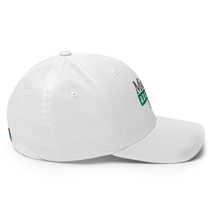 Right angle of the Midwest Adaptive Sports Logo White Flexfit Curved Bill Fitted against a white background