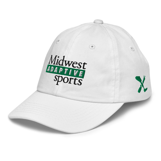 Front left angle of the Midwest Adaptive Sports Logo White Youth Dad Hat against a white background