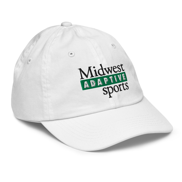 Front right angle of the Midwest Adaptive Sports Logo White Youth Dad Hat against a white background