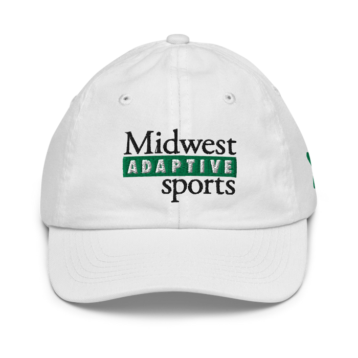 Front angle of the Midwest Adaptive Sports Logo White Youth Dad Hat against a white background