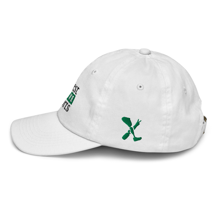 Left angle of the Midwest Adaptive Sports Logo White Youth Dad Hat against a white background