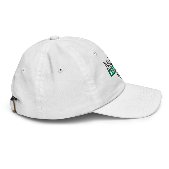 Right angle of the Midwest Adaptive Sports Logo White Youth Dad Hat against a white background