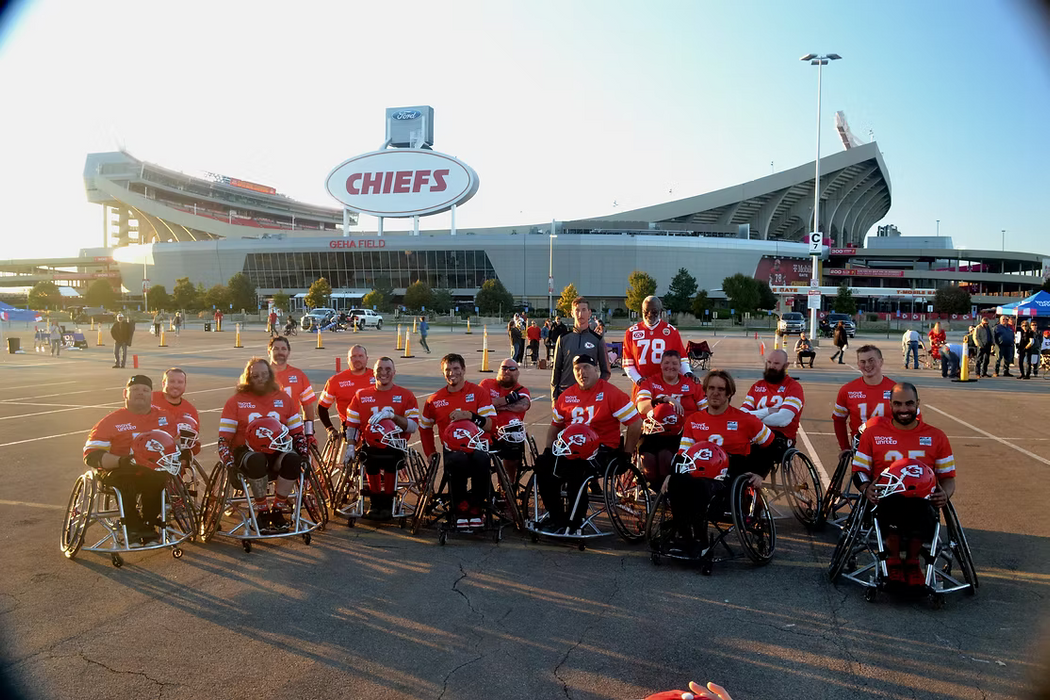MAS Kansas City Chief's team photo in front on Arrowhead