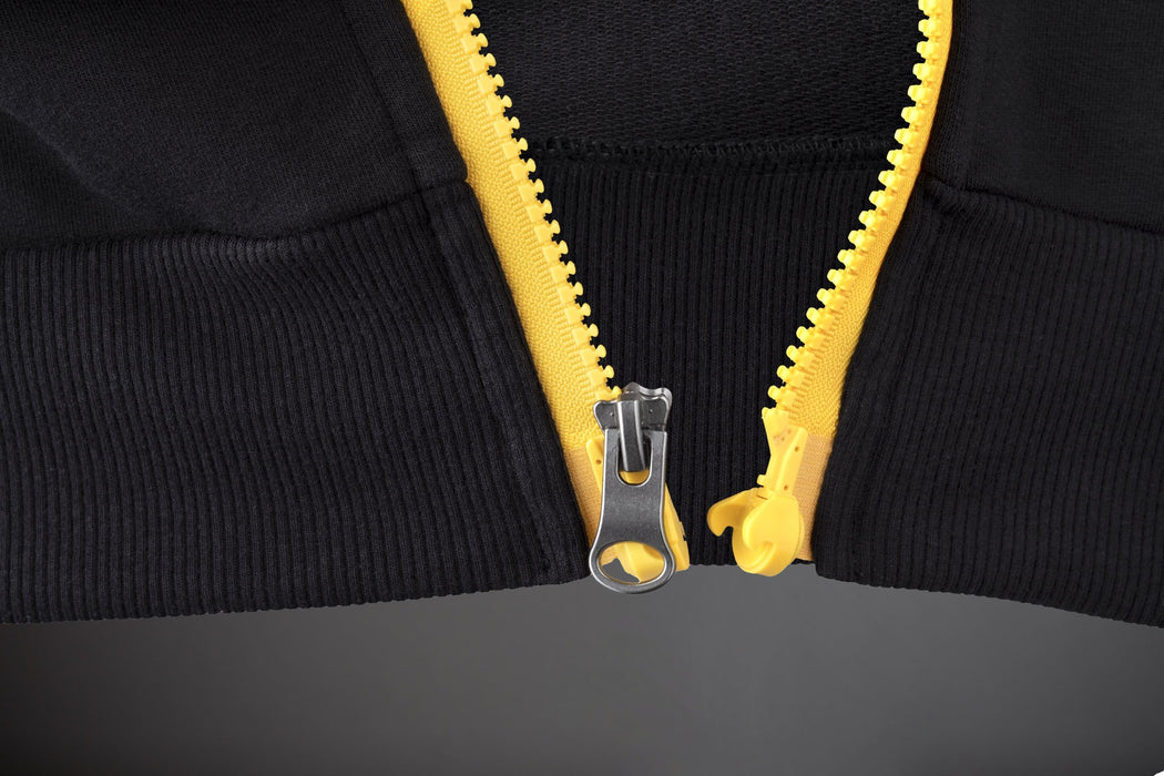 MagZip Adaptive Lightweight Hoodie with Magnetic Zipper chest logo zipper detail on a dark grey background