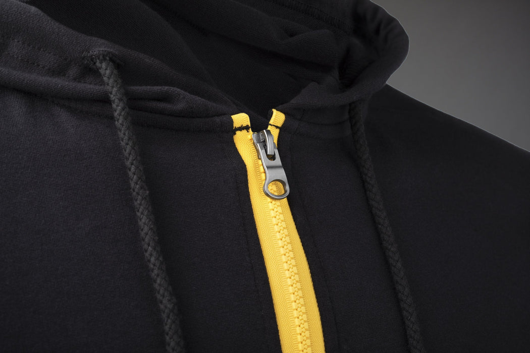MagZip Adaptive Lightweight Hoodie with Magnetic Zipper arm logo zipper detail on a dark grey background