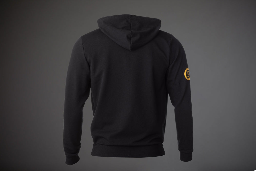 MagZip Adaptive Lightweight Hoodie with Magnetic Zipper arm logo back on a dark grey background