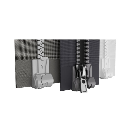 Set of MagZip Magnetic Zippers in gray, white and blackred on a white background
