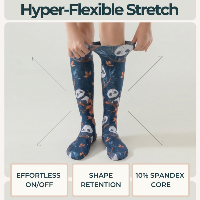 Lairos Moonlight Panda Toddler / Kids' AFO Socks worn on model as they stretch the collar on a white background. Text on image: Hyper-Flexible Stretch. Effortless On/Off. Shape Retention. 10% Spandex Core.