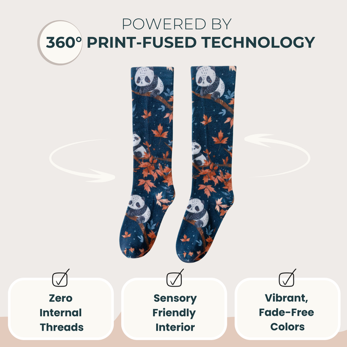 Lairos Moonlight Panda Toddler / Kids' AFO Socks on a white background. Text on image: Powered by 360° Print-Fused Technology. Zero Internal Threads. Sensory Friendly Interior. Vibrant, Fade-Resistance Colors