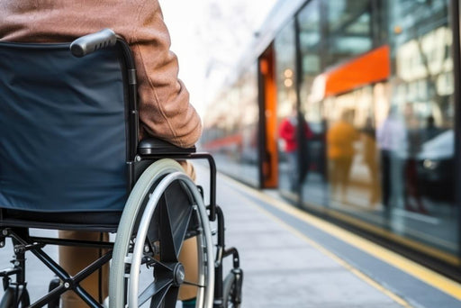 Detail behind a wheelchair user waiting for the train.