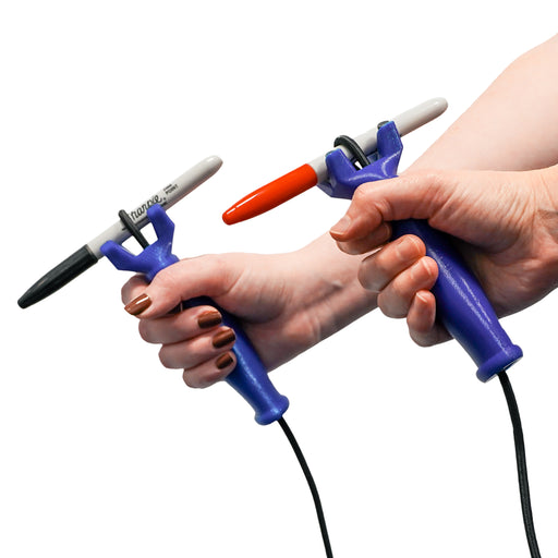 2 hands each holding the functionalhand Universal Cuff Grip Aid with a marker being held on a white background