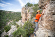Person rock climbing on a rocky cliff with trees and sky in the background