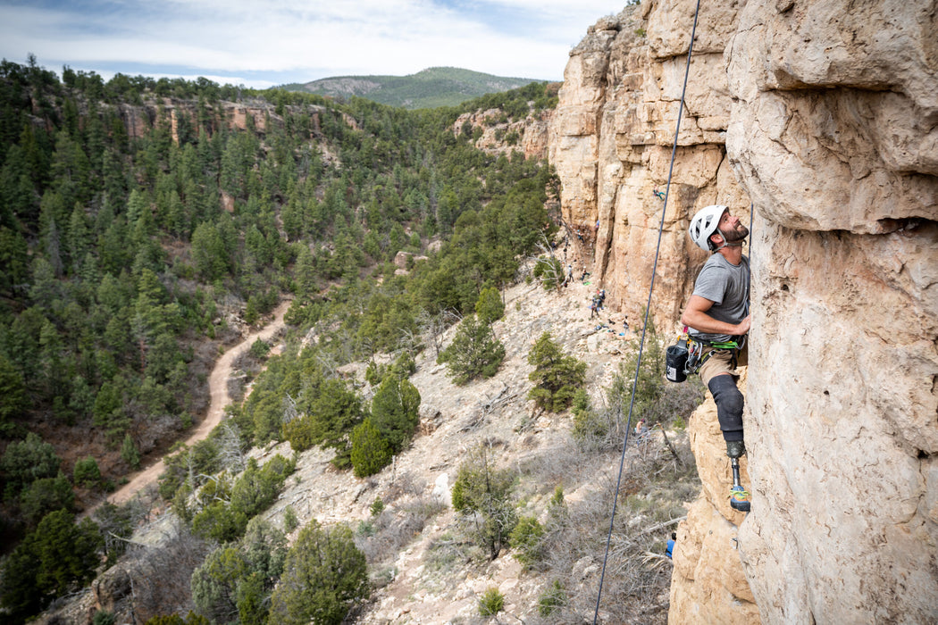 Person rock climbing on a cliff with a scenic landscape in the background