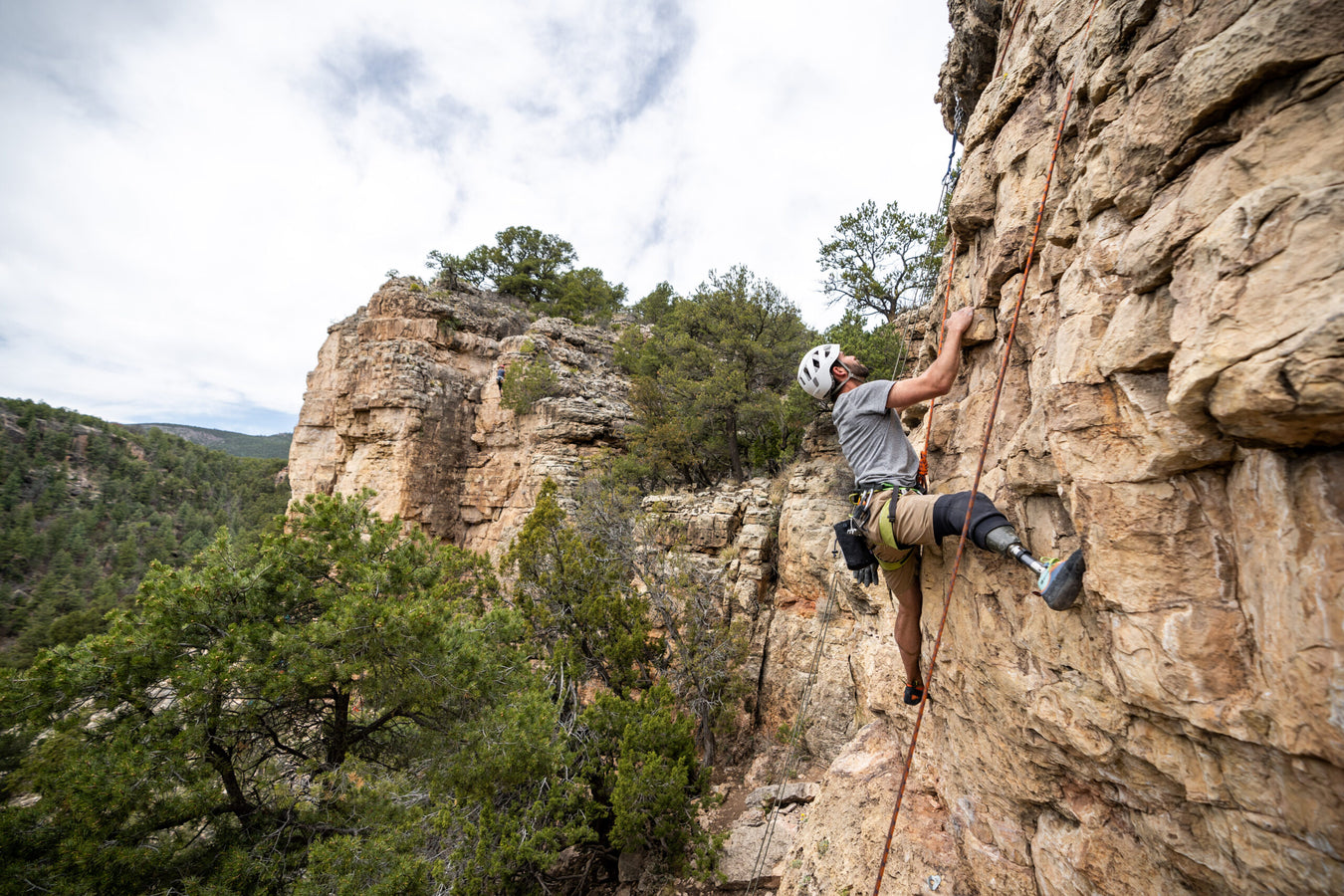 Person climbing a rocky cliff with a helmet and harness, surrounded by trees and mountains.
