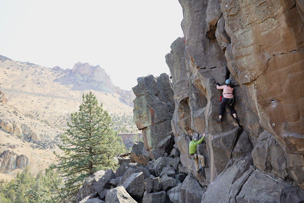 Two climbers on a rocky cliff with a scenic landscape in the background.