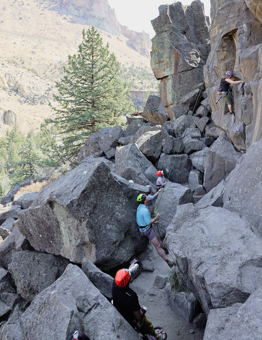 People climbing a rocky mountain with basalt columns and trees in the background.