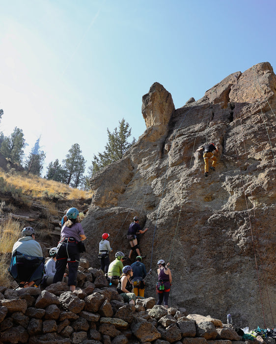 Group of climbers on a rocky cliff with a clear sky.