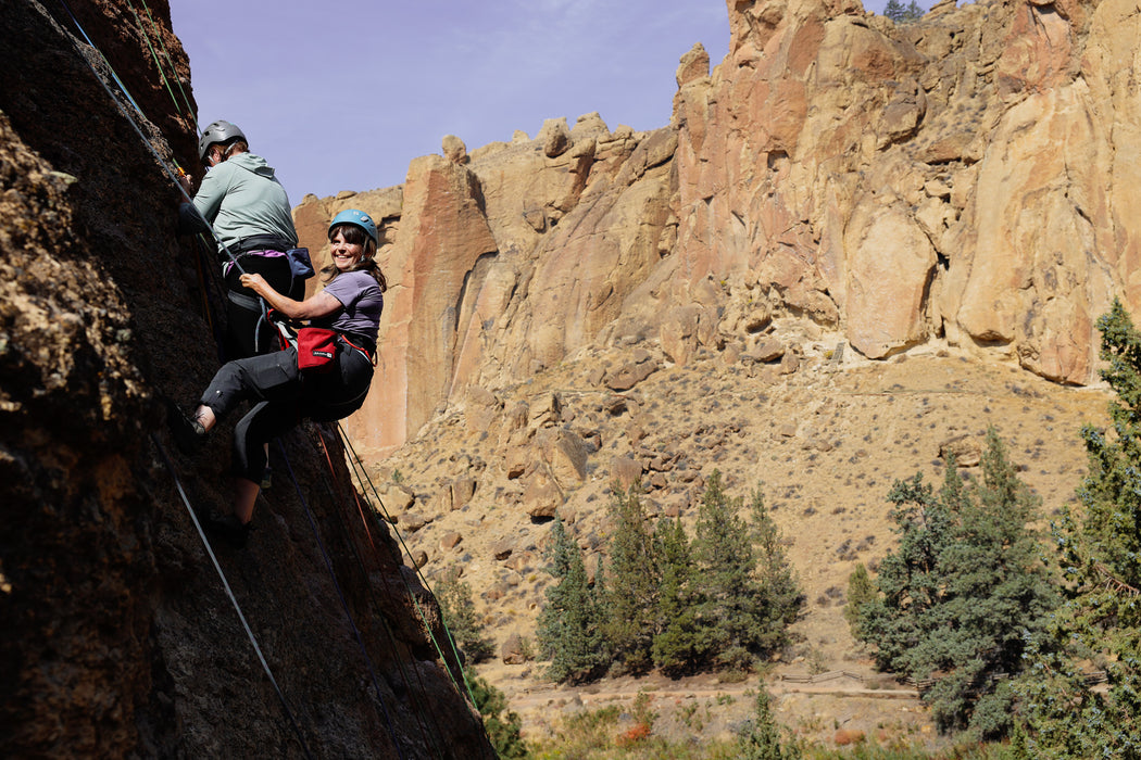 Two climbers on a rock face with a scenic mountain background
