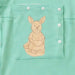 Close-up of the snap-closed chest pocket on the PediaTech Apparel LineWear Central Line Access Baby Gown in mint green (Calm Mint Edition), printed with an illustrated kangaroo in a dress holding a basket