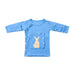 Front angle of the PediaTech Apparel LineWear Central Line Access Baby Gown in light blue (Sky Lullaby Edition), laid flat with the kangaroo chest pocket snapped closed against a white background