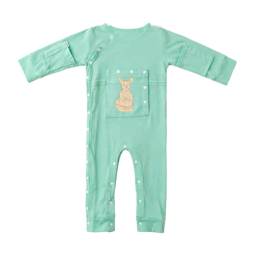 Front angle of the PediaTech Apparel LineWear Central Line Access Baby & Toddler Bodysuit in mint green (Calm Mint Edition), laid flat with the kangaroo chest pocket snapped closed and snaps running down one side and legs against a white background