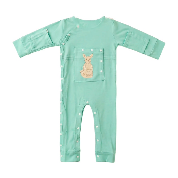 Front angle of the PediaTech Apparel LineWear Central Line Access Baby & Toddler Bodysuit in mint green (Calm Mint Edition), laid flat with the kangaroo chest pocket snapped closed and snaps running down one side and legs against a white background