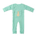 Front angle of the PediaTech Apparel LineWear Central Line Access Baby & Toddler Bodysuit in mint green (Calm Mint Edition), laid flat with the kangaroo chest pocket snapped closed and snaps running down one side and legs against a white background