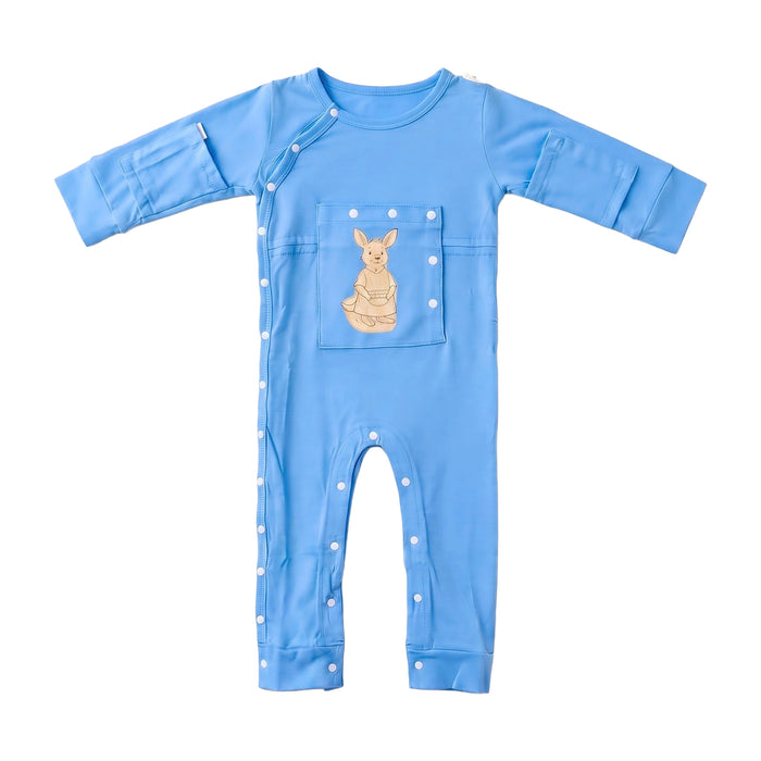 Front angle of the PediaTech Apparel LineWear Central Line Access Baby & Toddler Bodysuit in light blue (Sky Lullaby Edition), laid flat with the kangaroo chest pocket snapped closed and snaps running down one side and leg against a white background