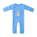 Front angle of the PediaTech Apparel LineWear Central Line Access Baby & Toddler Bodysuit in light blue (Sky Lullaby Edition), laid flat with the kangaroo chest pocket snapped closed and snaps running down one side and leg against a white background