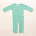 Back angle of the PediaTech Apparel TubeWear G/J Tube Access Baby & Toddler Bodysuit in mint green (Calm Mint Edition) with a white tubing guide at the lower back, laid flat against an off-white background