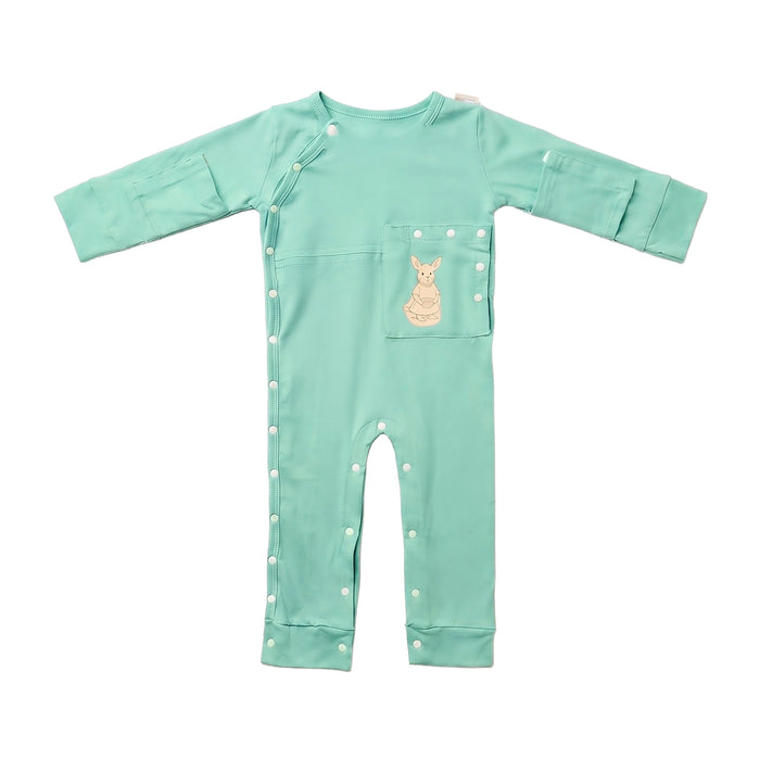 Front angle of the PediaTech Apparel TubeWear G/J Tube Access Baby & Toddler Bodysuit in mint green (Calm Mint Edition), laid flat with the kangaroo pocket over the abdomen snapped closed and snaps running down one side and leg against a white background