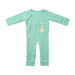 Front angle of the PediaTech Apparel TubeWear G/J Tube Access Baby & Toddler Bodysuit in mint green (Calm Mint Edition), laid flat with the kangaroo pocket over the abdomen snapped closed and snaps running down one side and leg against a white background