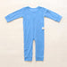 Back angle of the PediaTech Apparel TubeWear G/J Tube Access Baby & Toddler Bodysuit in light blue (Sky Lullaby Edition) with a white tubing guide at the lower back, laid flat against an off-white background