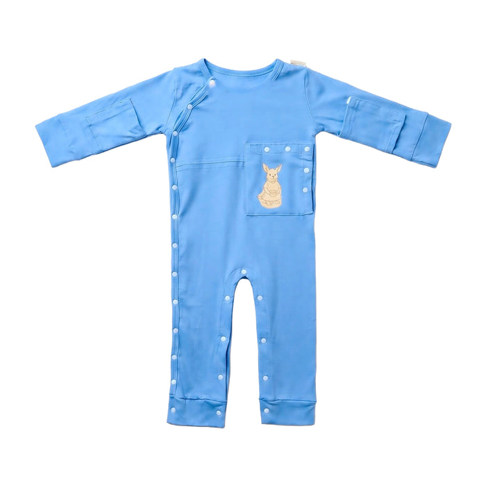 Front angle of the PediaTech Apparel TubeWear G/J Tube Access Baby & Toddler Bodysuit in light blue (Sky Lullaby Edition), laid flat with the kangaroo pocket over the abdomen snapped closed and snaps running down one side and leg against a white background