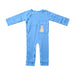 Front angle of the PediaTech Apparel TubeWear G/J Tube Access Baby & Toddler Bodysuit in light blue (Sky Lullaby Edition), laid flat with the kangaroo pocket over the abdomen snapped closed and snaps running down one side and leg against a white background