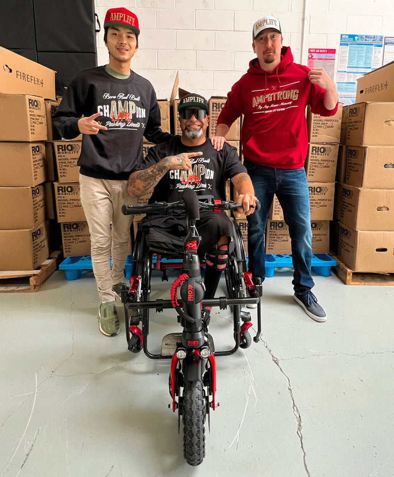 Amplife® Founder Abdul Nevarez with Rio Mobility workers including CEO Alex Hunt wearing Amplife Clothing at Rio Mobility's headquarters in Berkeley
