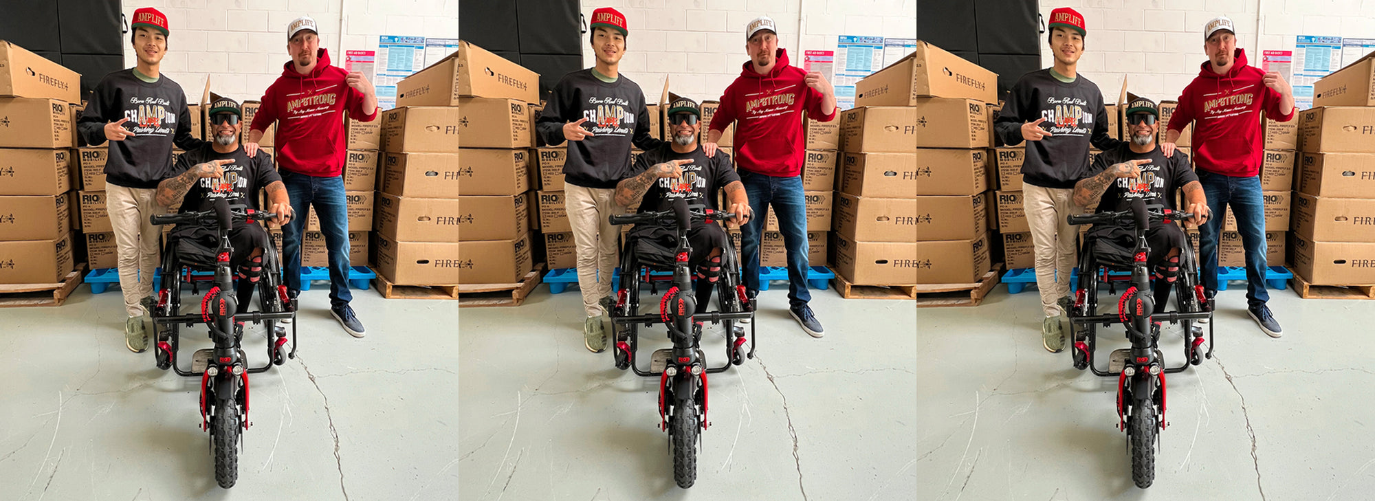 Amplife® Founder Abdul Nevarez with Rio Mobility workers including CEO Alex Hunt wearing Amplife Clothing at Rio Mobility's headquarters in Berkeley