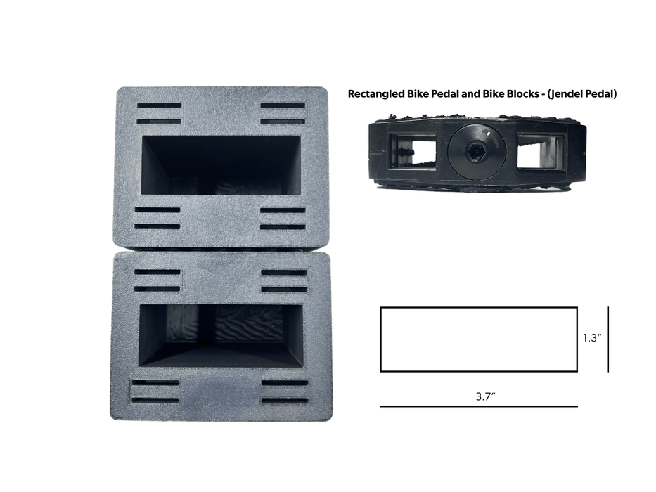 Equip Products Stationary Bike Pedal Blocks on a white background with dimensions for a rectangle bike pedal (Jendel Pedal).