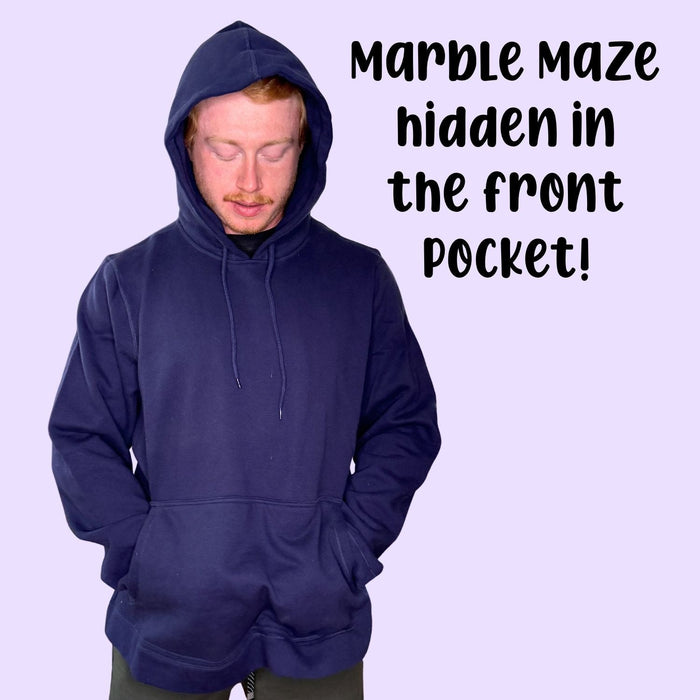 Adult wearing the Sense-ational You Marble Maze Fidget Hoodie showing discrete fidget design