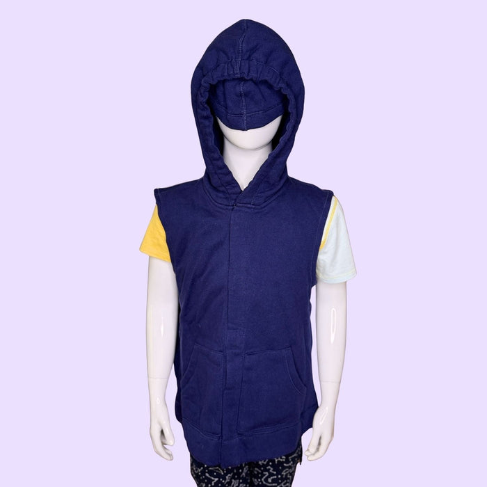 Child wearing the Sense-ational You QuietSense Sound Reducing Sensory Youth Vest with hood pulled up for sensory regulation